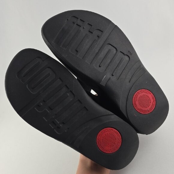 FITFLOP Women's Black Novy Stud Rhinestone Thong Wedge Sandals Wobbleboard Sz 6 - Picture 8 of 12